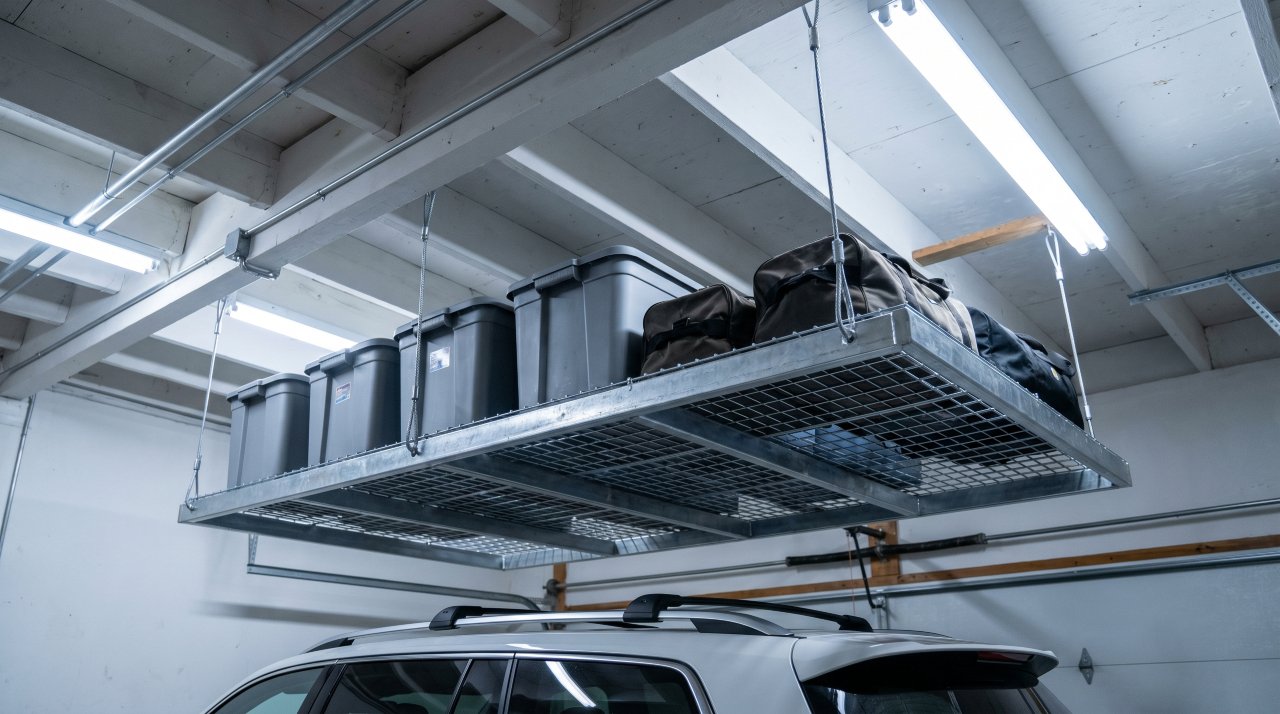 Overhead ceiling rack installed in garage holding seasonal storage bins and boxes