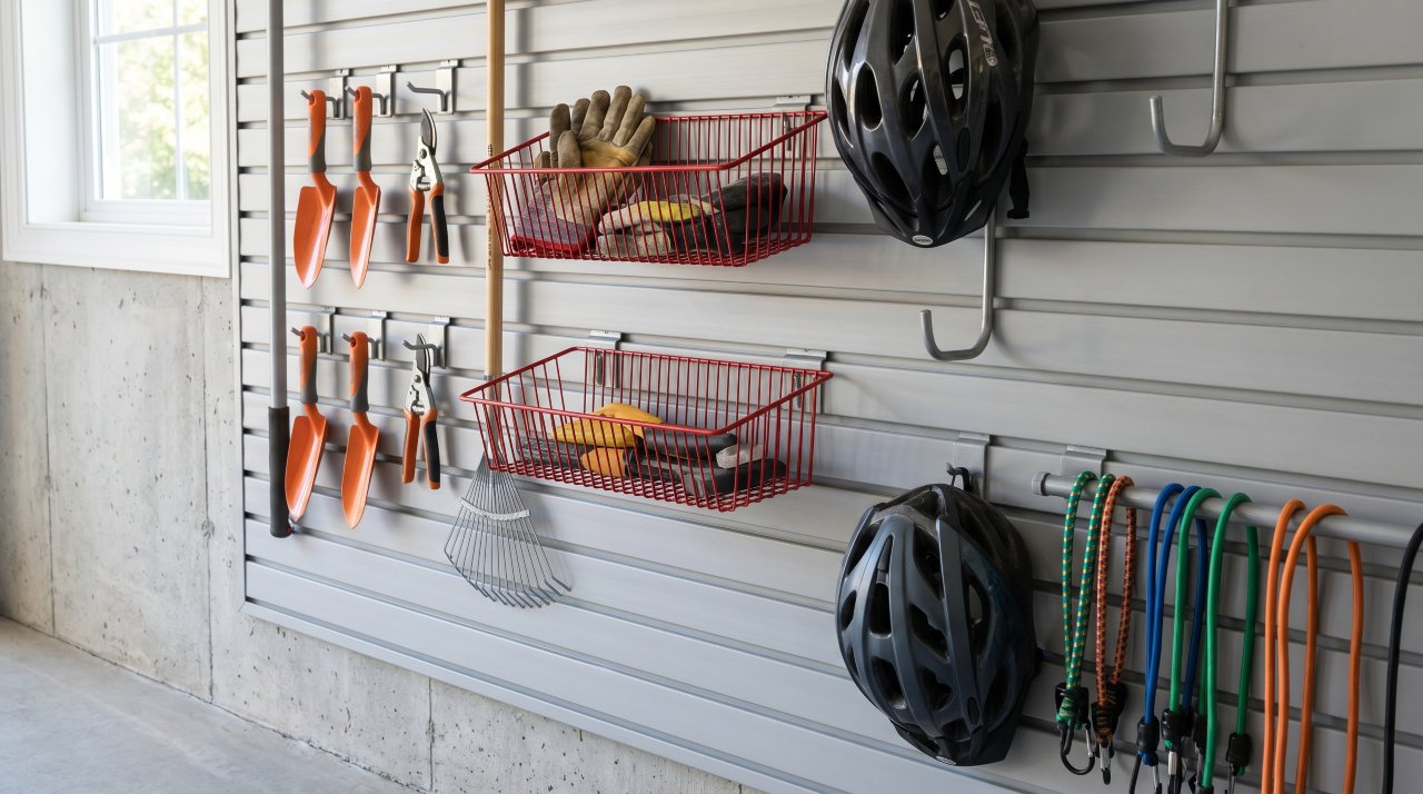 Slatwall panel system on garage wall with organized hooks bins and garden tools