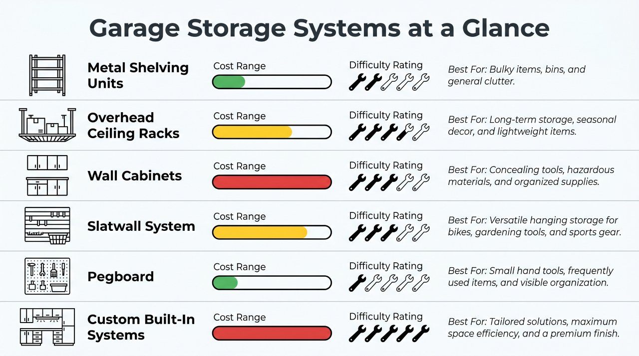 Infographic comparing six garage storage system types by cost capacity and difficulty
