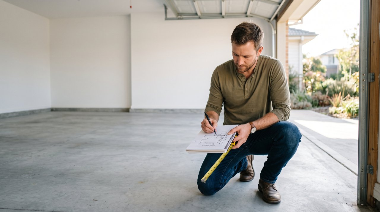 Homeowner drawing a garage zone plan on paper next to open empty garage