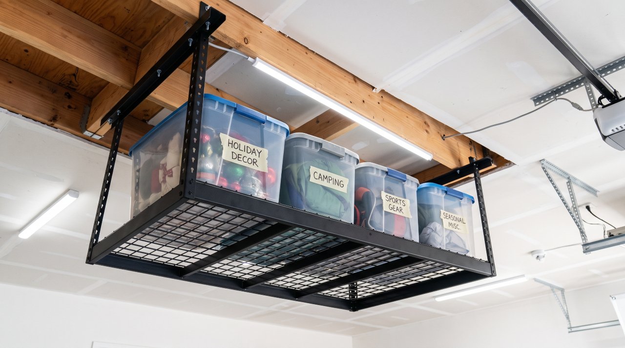 Close-up of ceiling-mounted overhead storage rack in US garage full of labeled bins