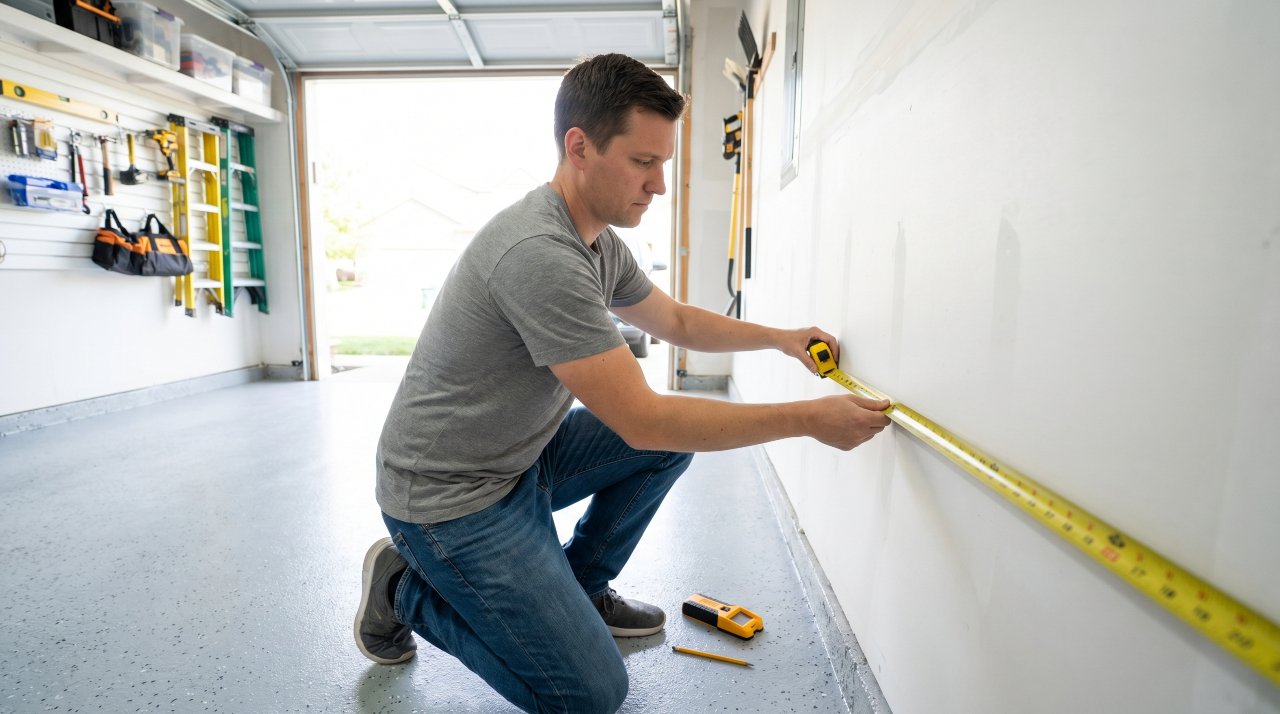 A person measuring a garage wall before installing a wall mounted storage rack
