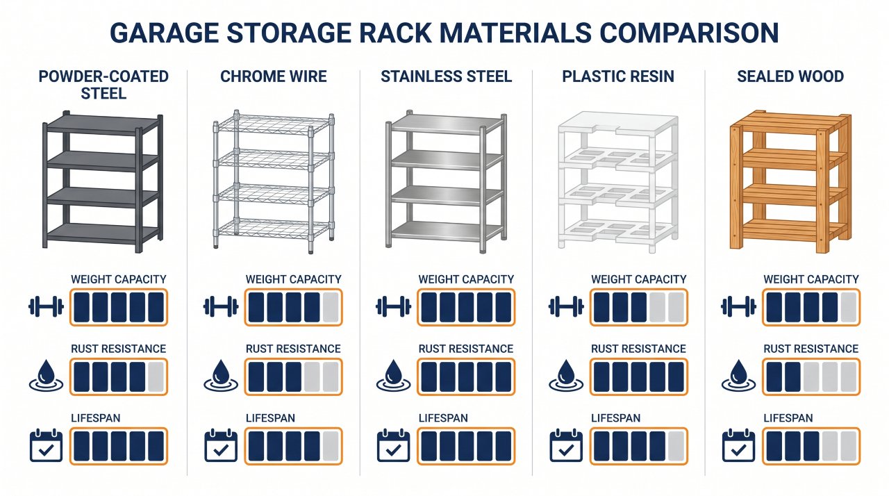 Infographic comparing five garage storage rack materials by weight capacity and durability