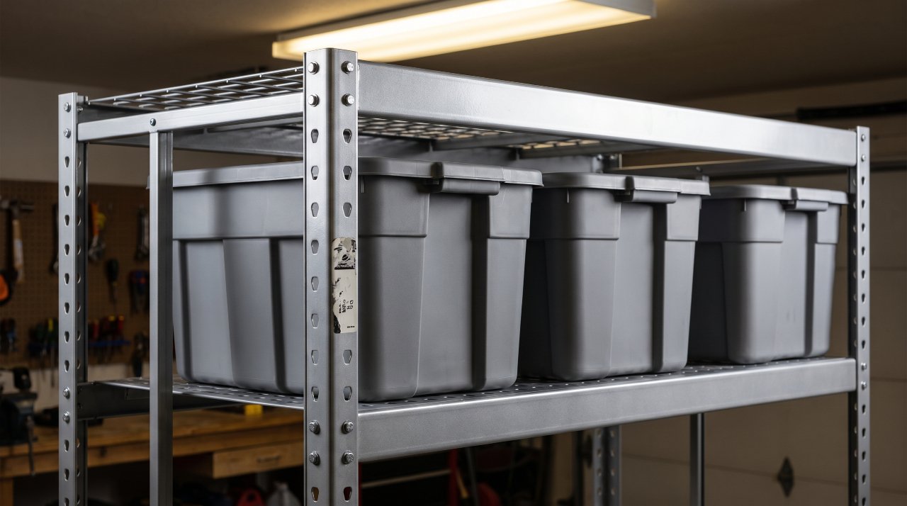 Close-up of a garage rack system shelf with weight capacity label and stored bins