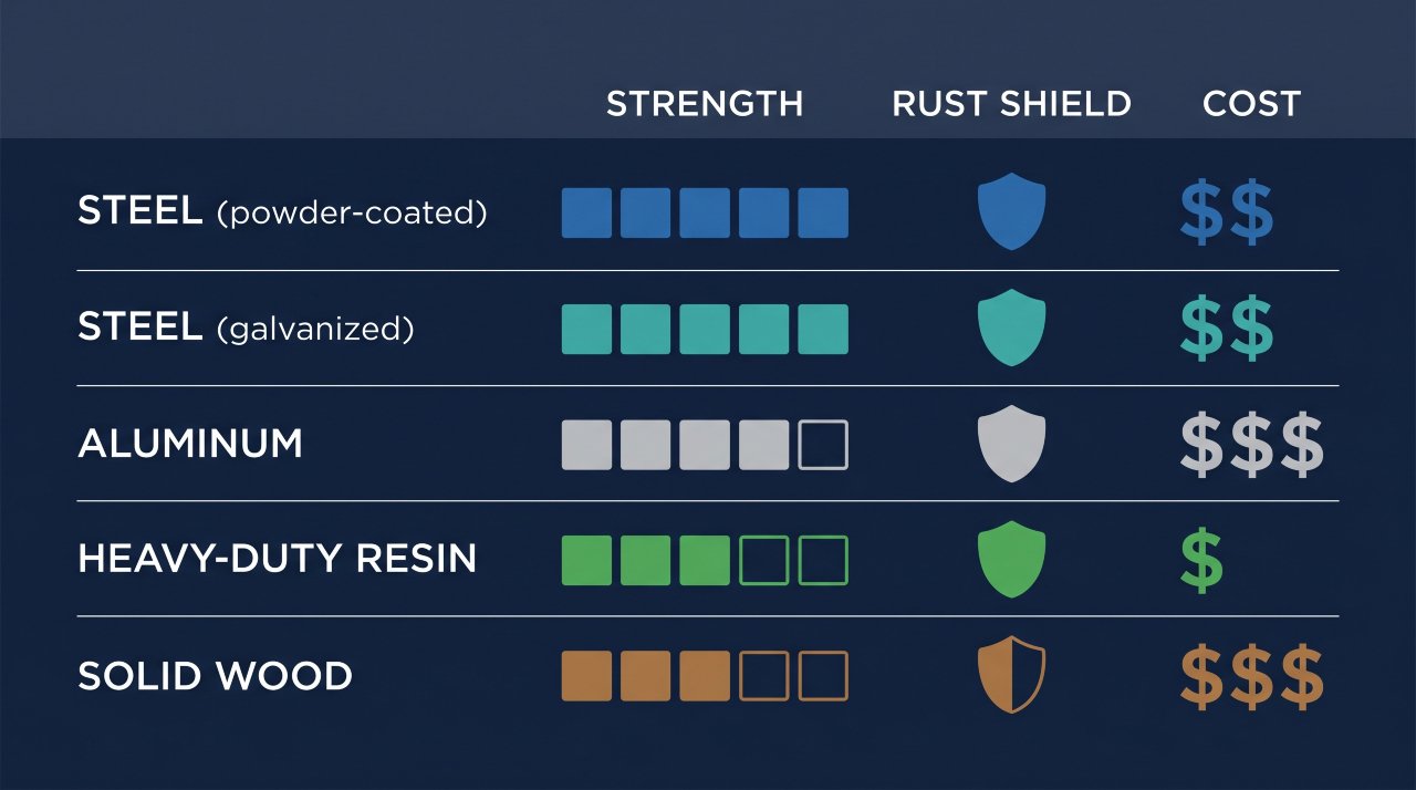 Infographic comparing five rack system materials by strength, rust resistance, and cost