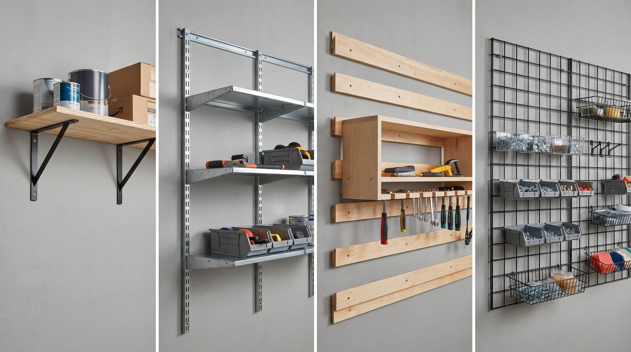 Four types of wall mounted garage shelving systems shown on clean workshop wall