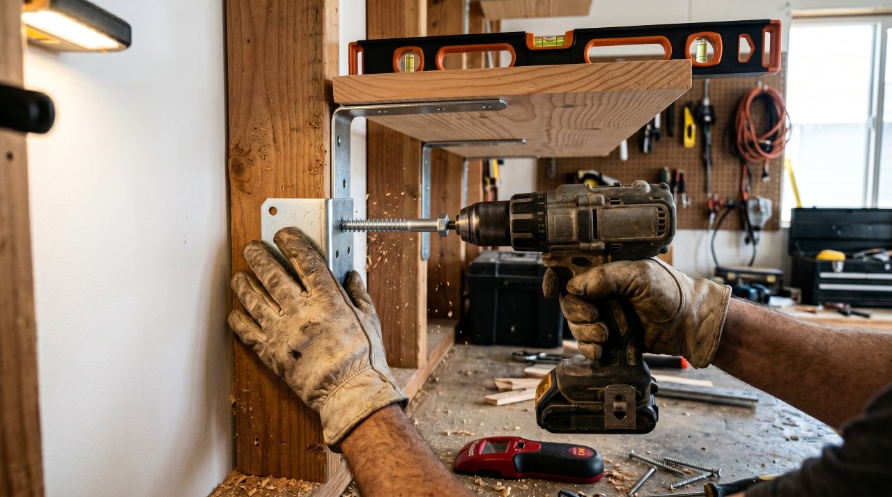 Person drilling wall bracket into garage stud for shelf installation