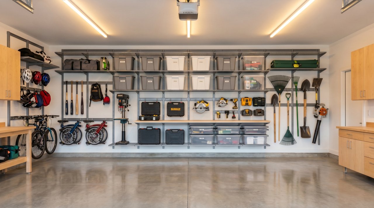 Organized wall mounted garage shelving with tools and bins in modern garage