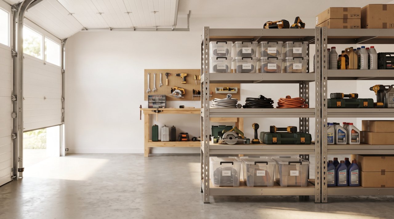 Adjustable heavy duty shelving unit fully loaded with tools and storage boxes in a clean garage
