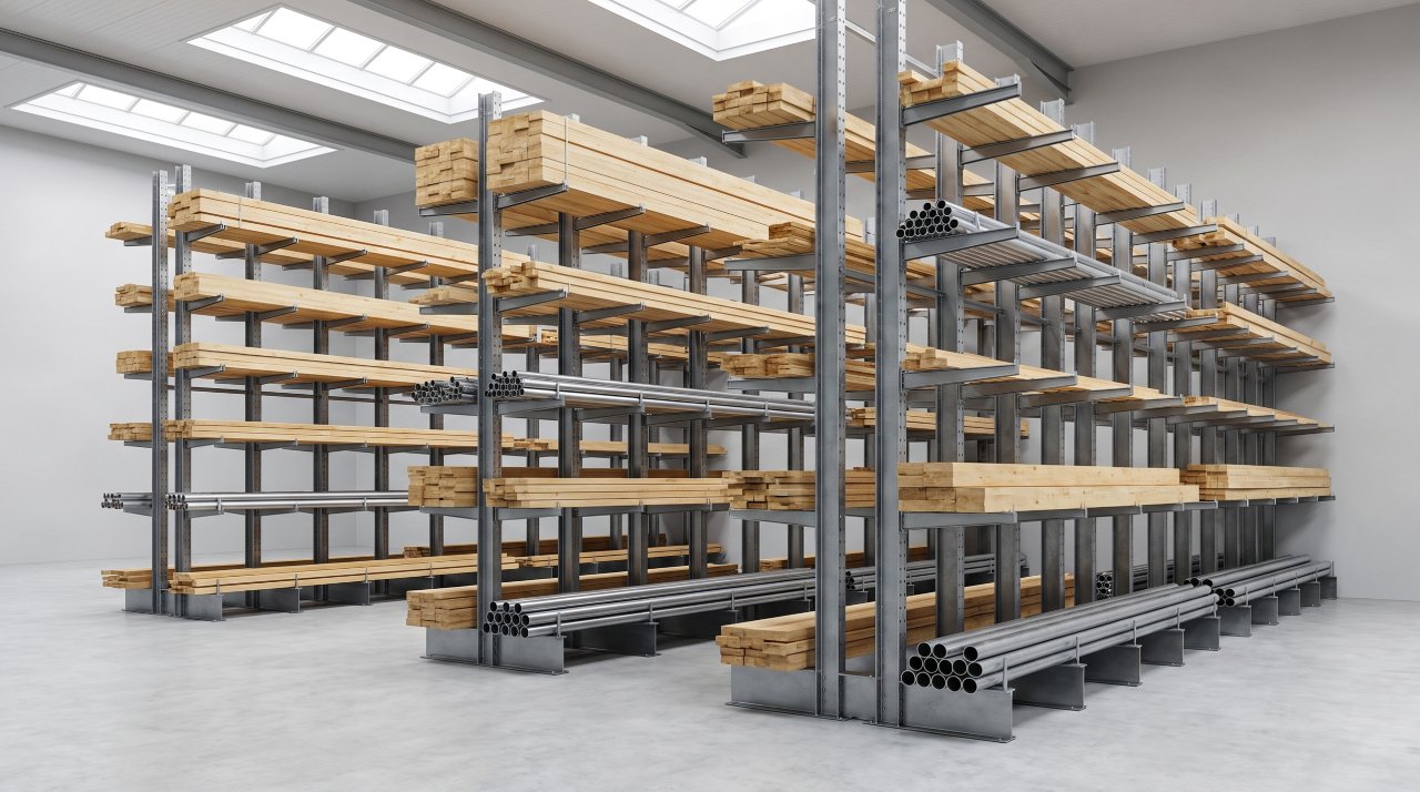 Cantilever racking system in an industrial warehouse storing timber boards and steel pipes