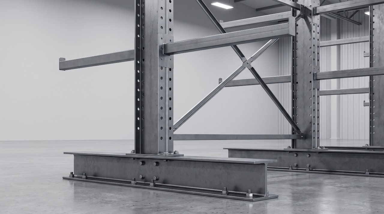 Cantilever rack system components — upright, arms, base, and bracing on a warehouse floor