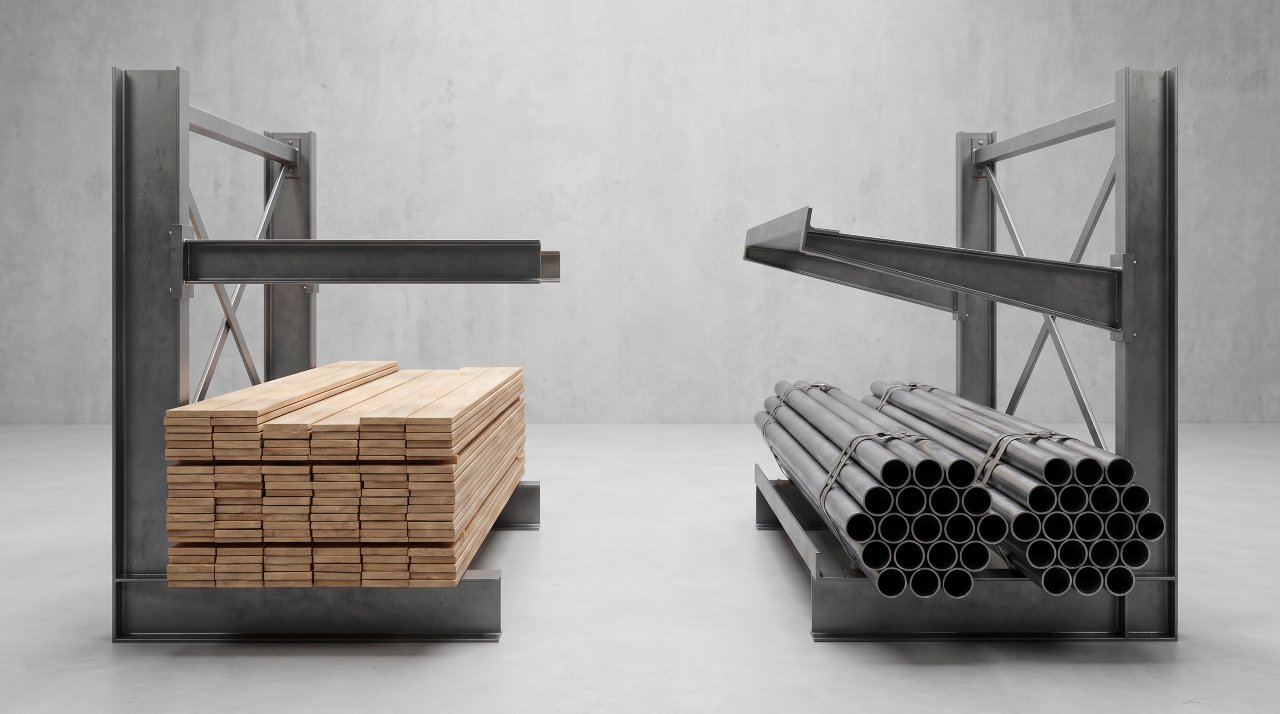 Straight cantilever arm with lumber vs inclined arm with pipes — cantilever rack arm types