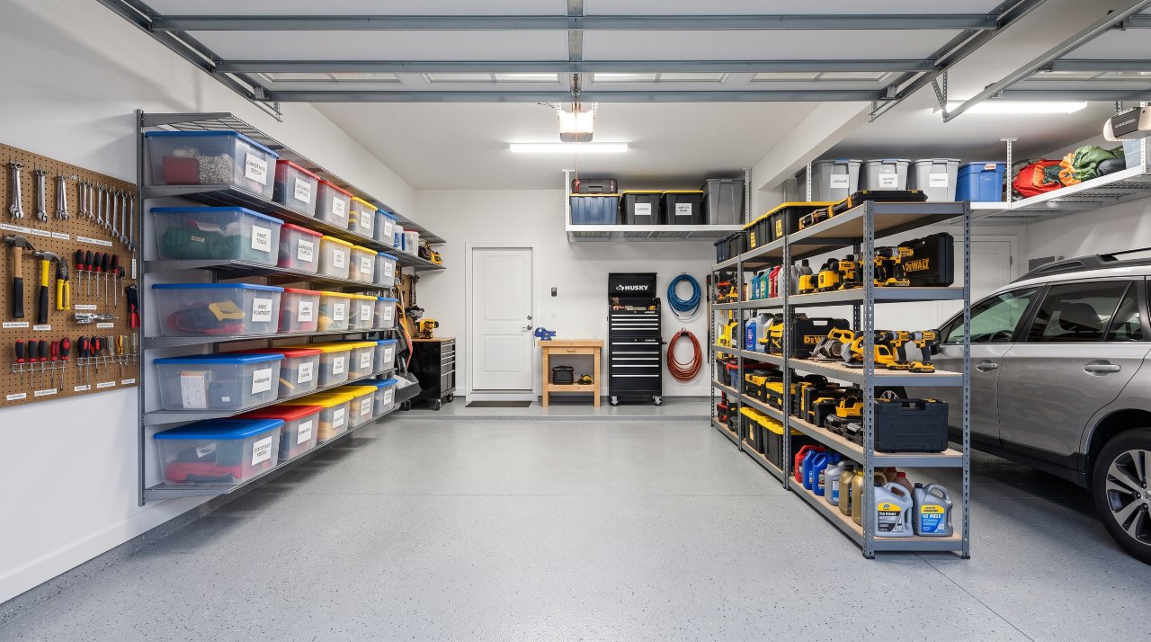 Organized garage with various shelving systems holding tools and storage bins