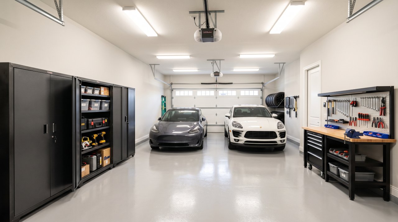 Organised garage with tall metal storage cabinets lining the wall neatly
