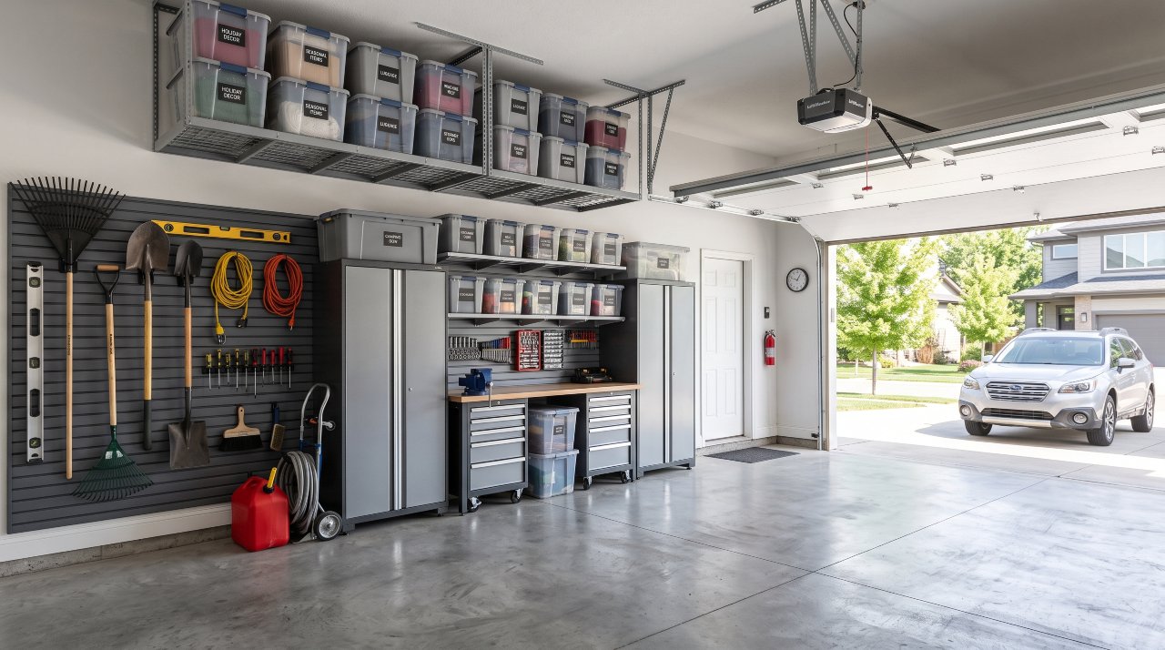 organized garage storage solutions with shelves and ceiling racks