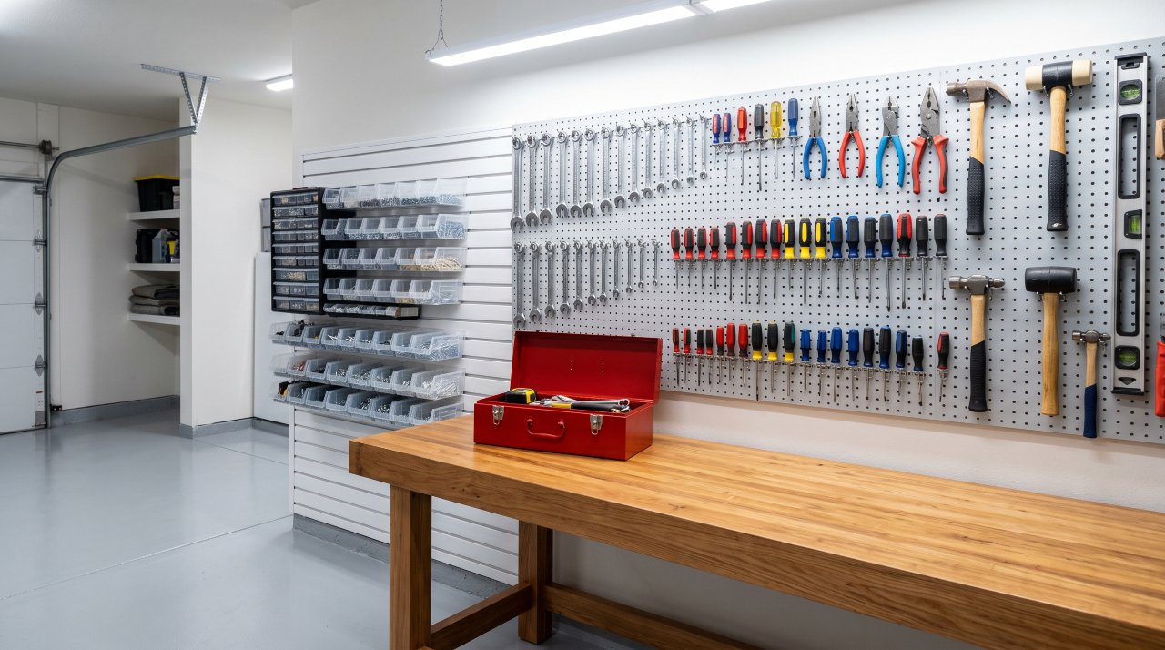 Neatly organized garage tool wall with pegboard, labeled bins, and hand tools arranged by type