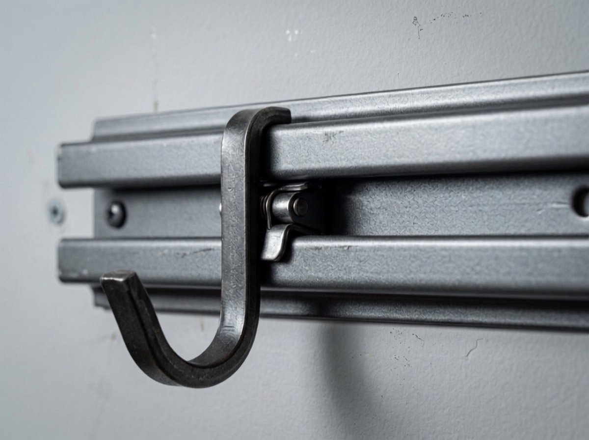 Close-up of a steel garage track rail showing sliding hook bracket mechanism