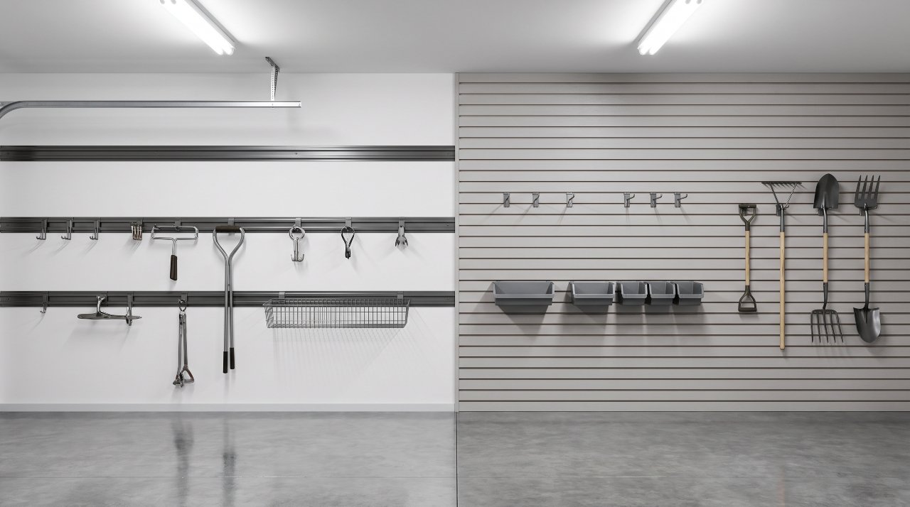 Side-by-side garage wall showing track system rail next to slatwall panel comparison