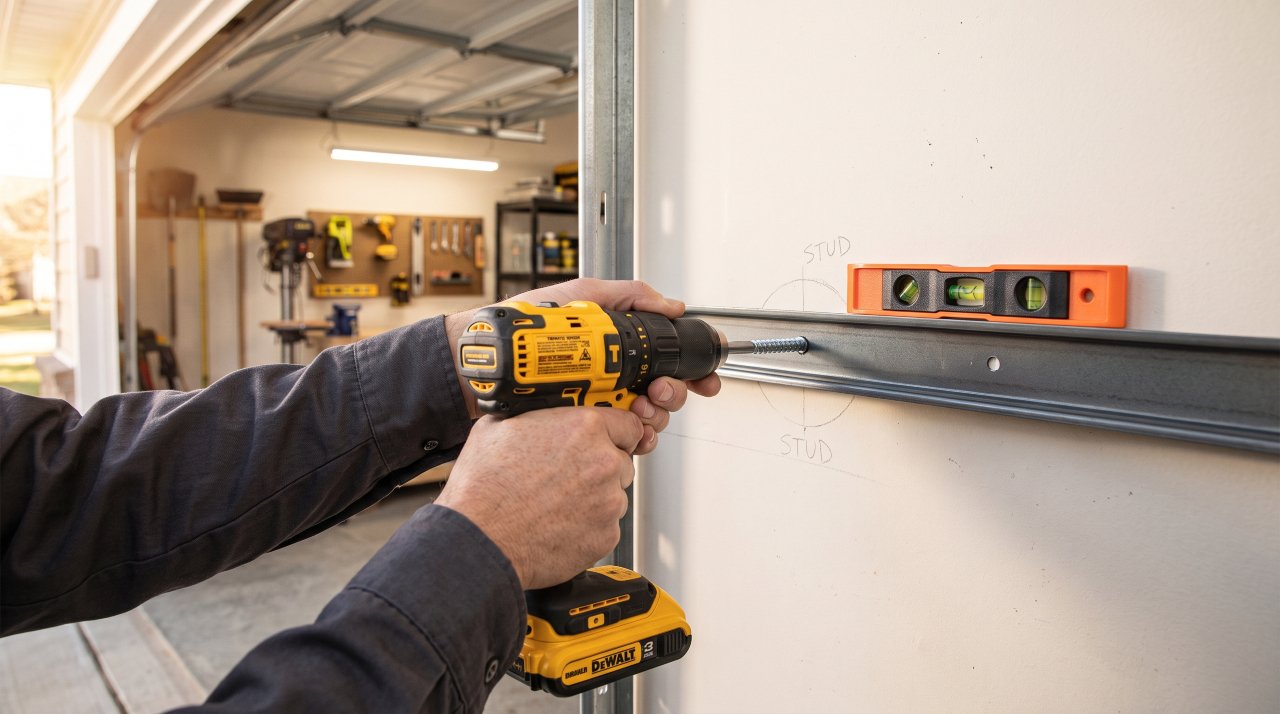 A person installing a garage track system rail into wall studs with a drill