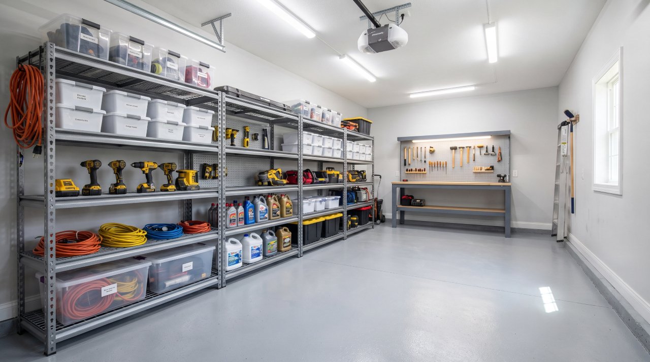 Heavy duty metal garage shelves loaded with tools, bins, and equipment in an organized garage