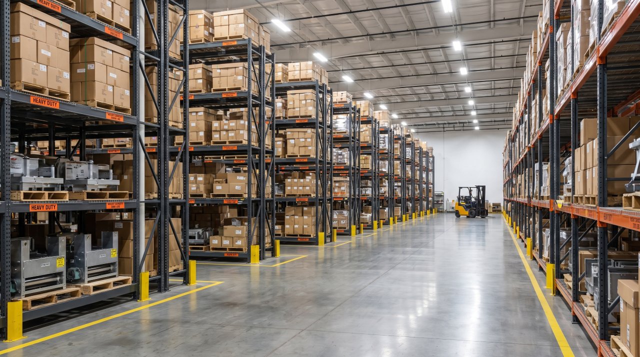 Multi tier shelving system featuring catwalk floor levels in a warehouse