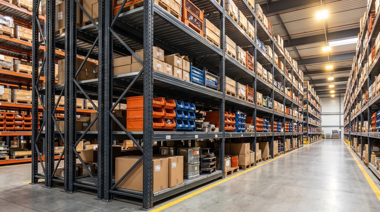 Heavy duty industrial shelving racks loaded with boxes in a large warehouse facility