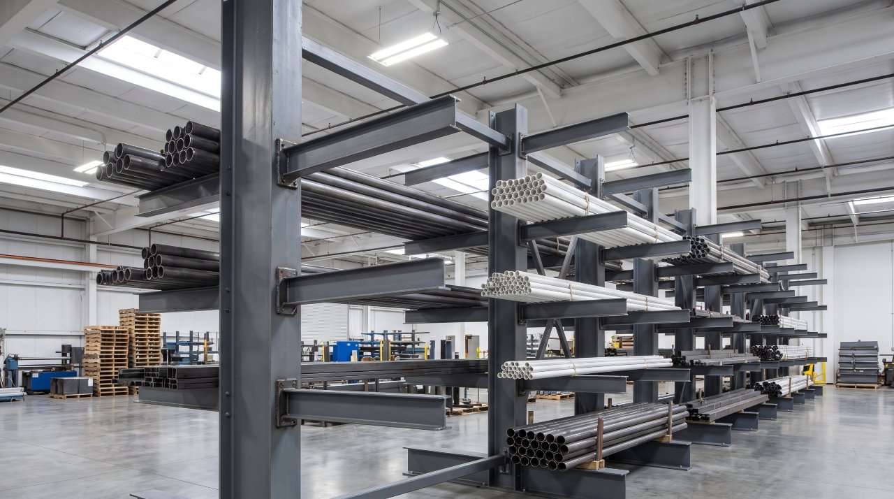 Industrial cantilever racking holding long steel pipes in a warehouse workshop setting
