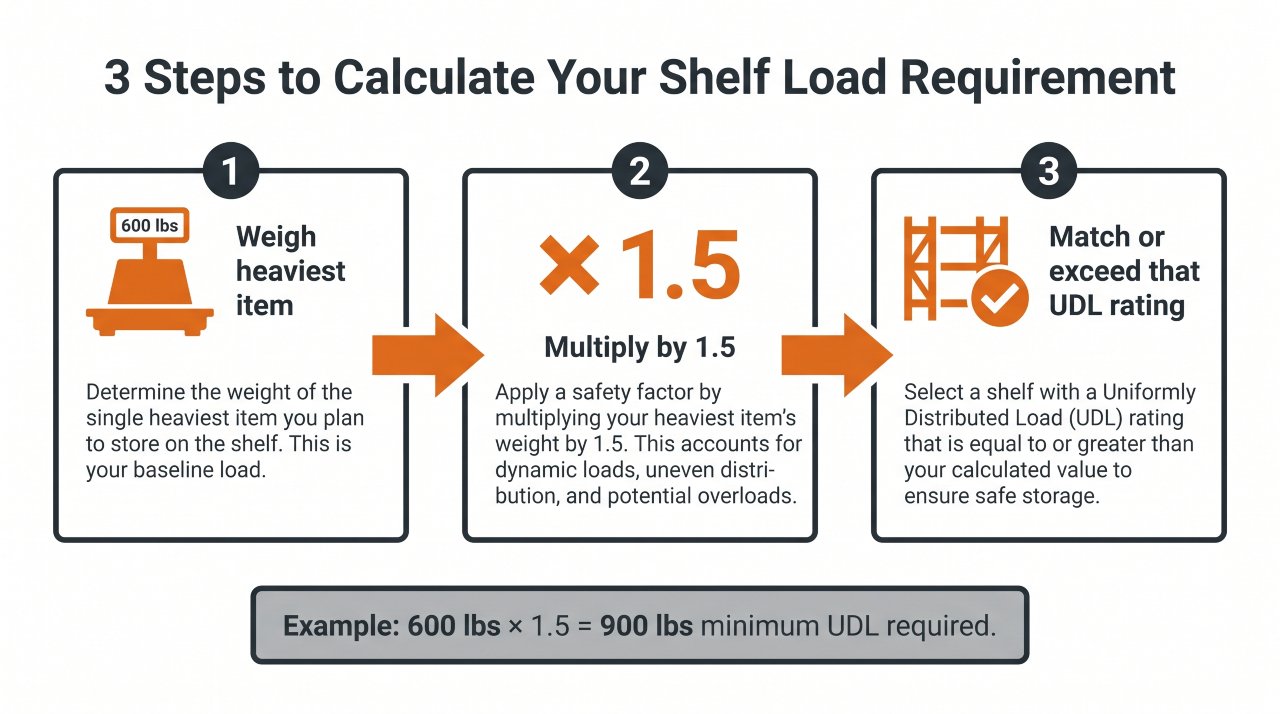 Infographic showing how to calculate shelf load capacity with safety factor for industrial shelving

