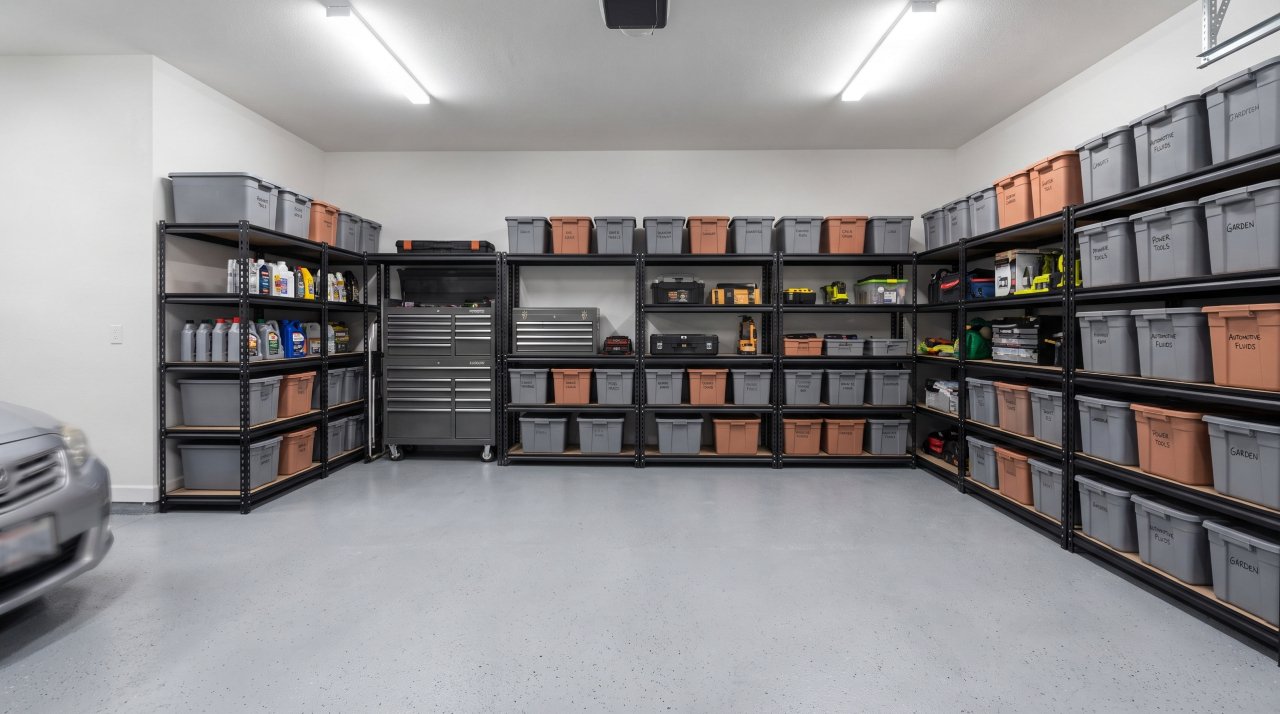 Heavy duty metal shelving units organized in a clean residential garage storage system