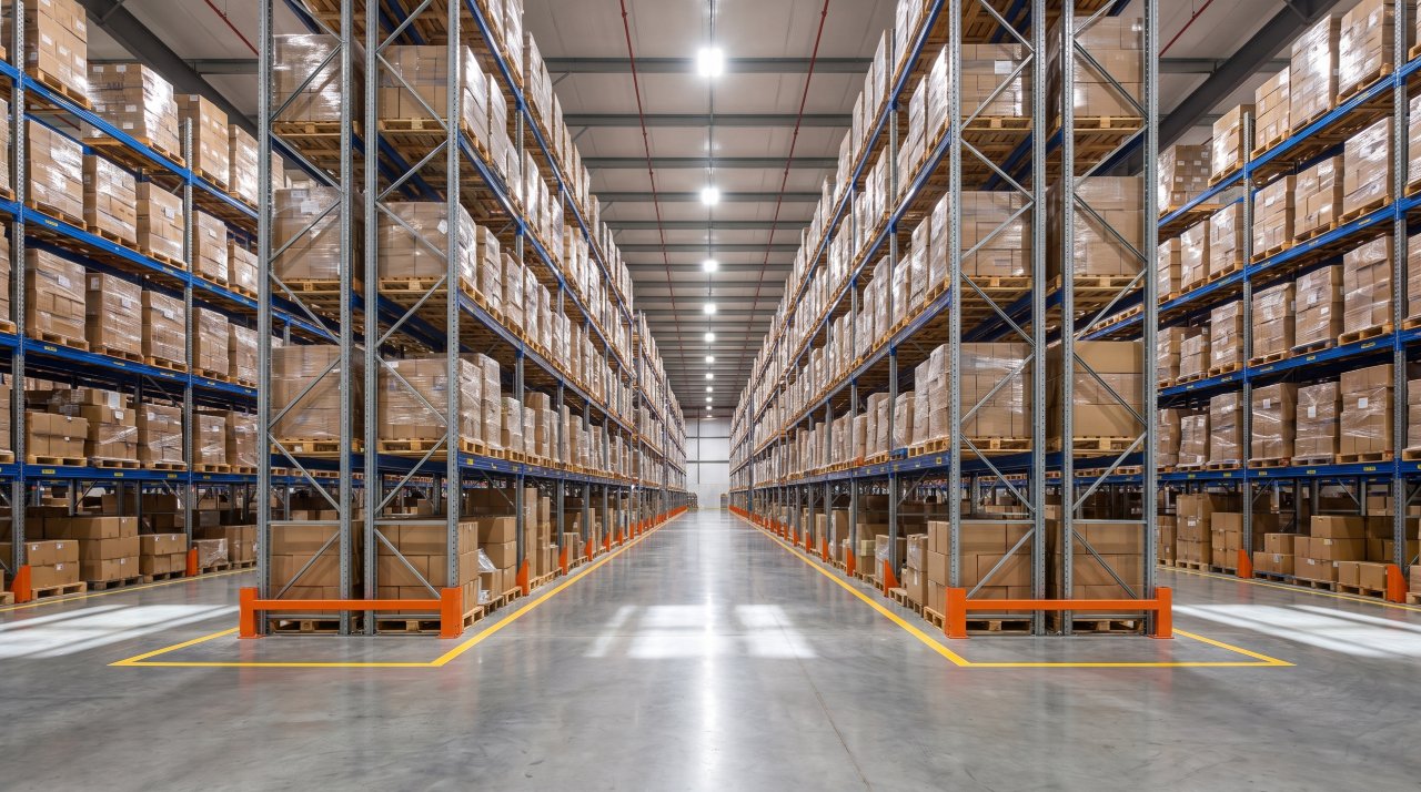 Heavy duty racking system with loaded pallets in a modern US warehouse