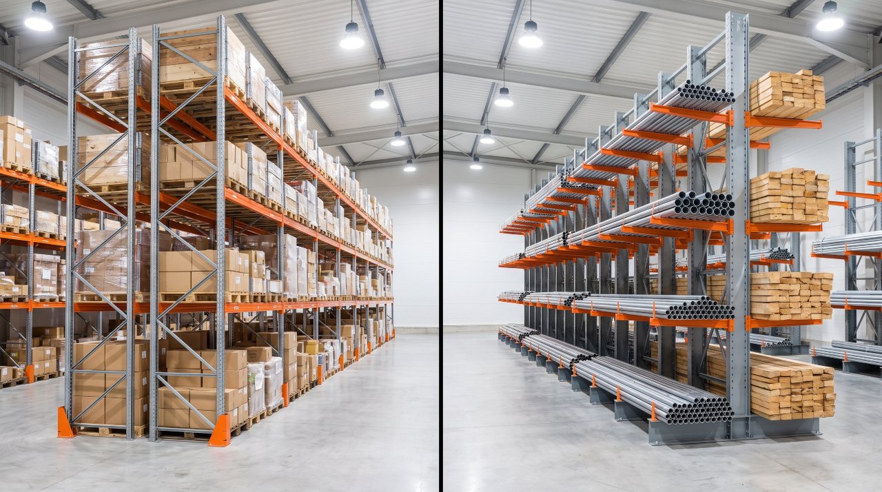 Two types of heavy duty racking systems shown side by side in warehouse