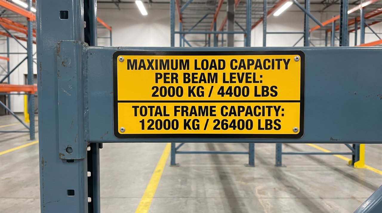 Industrial rack safety label showing maximum load capacity in warehouse
