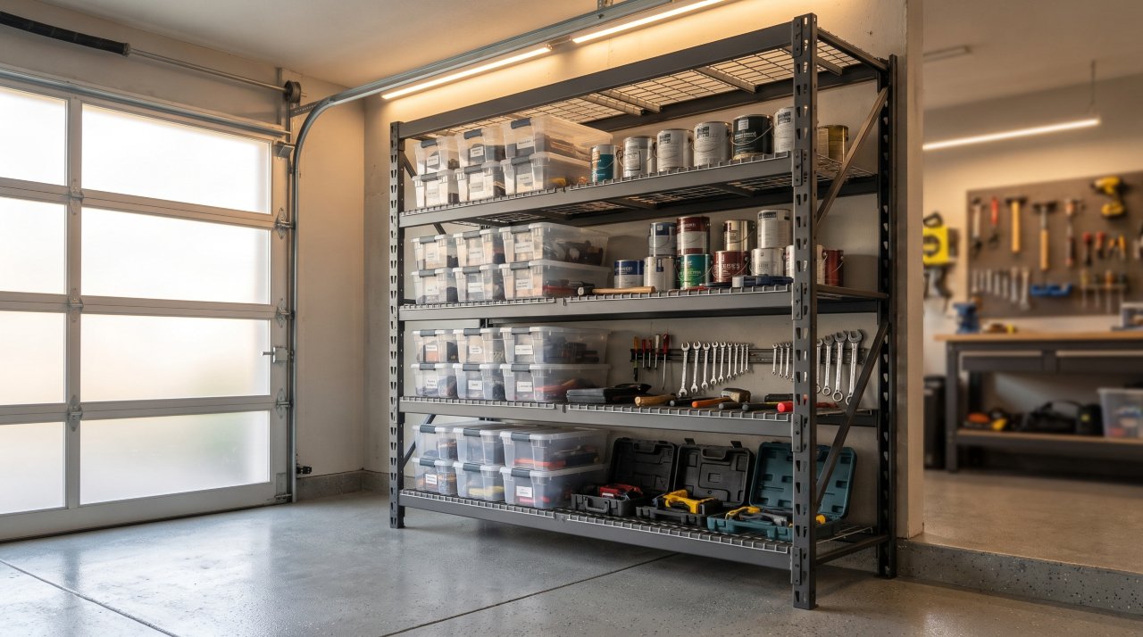 Heavy duty shelving unit filled with organized storage bins in modern garage