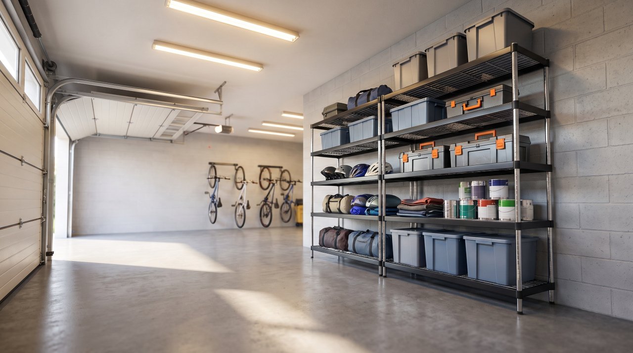 Heavy duty wire shelving unit fully loaded with tools and storage bins in an organized garage