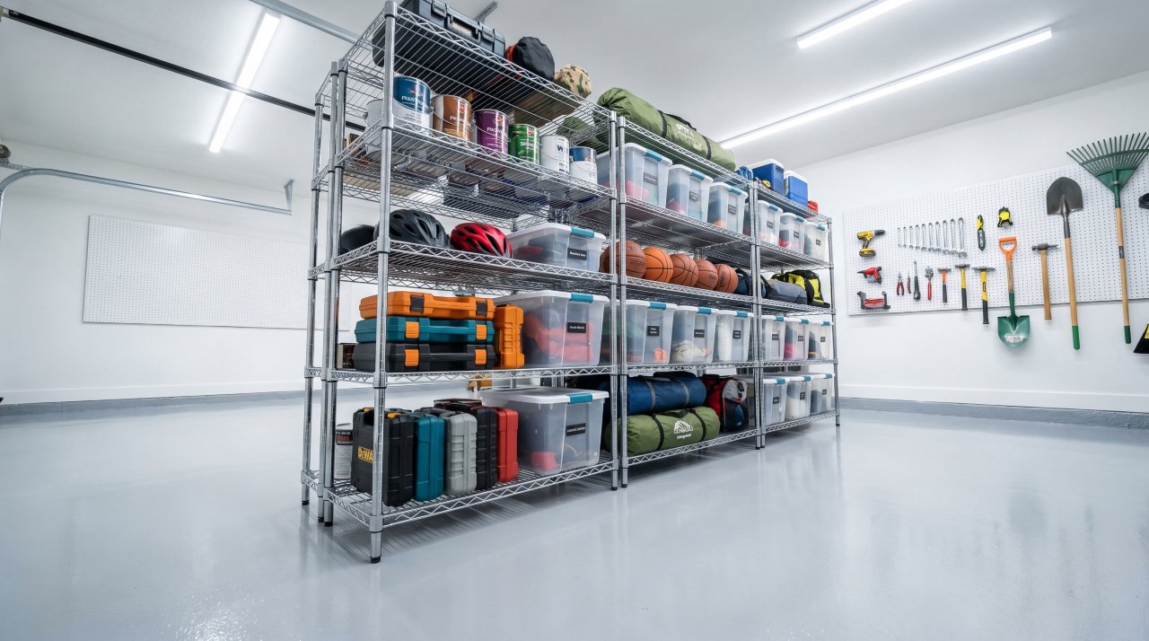 Chrome wire shelving racks holding storage containers in a clean storage room