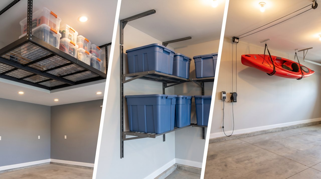 Three types of overhead garage rack storage systems side by side comparison in garage