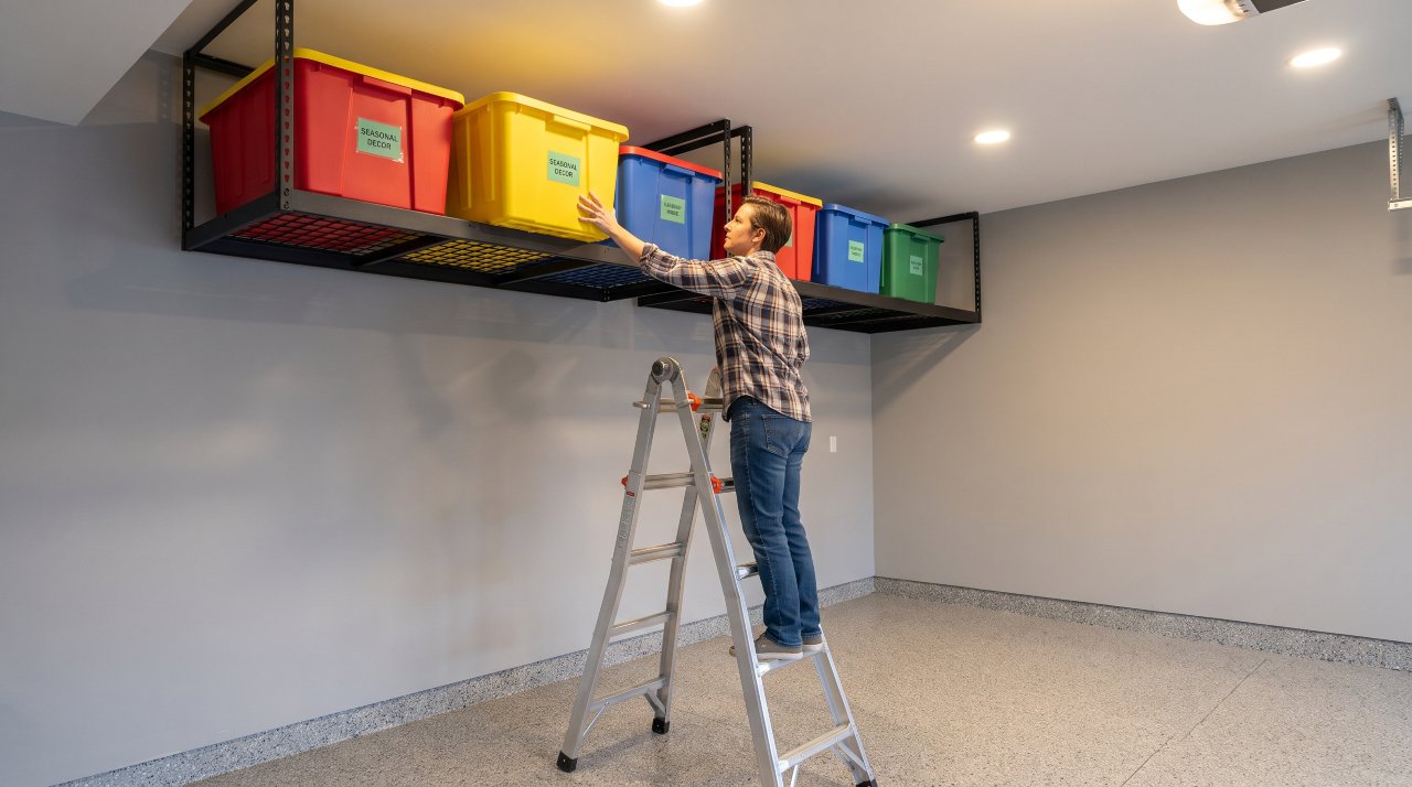 Person on ladder accessing bins stored on overhead rack in organized garage storage system