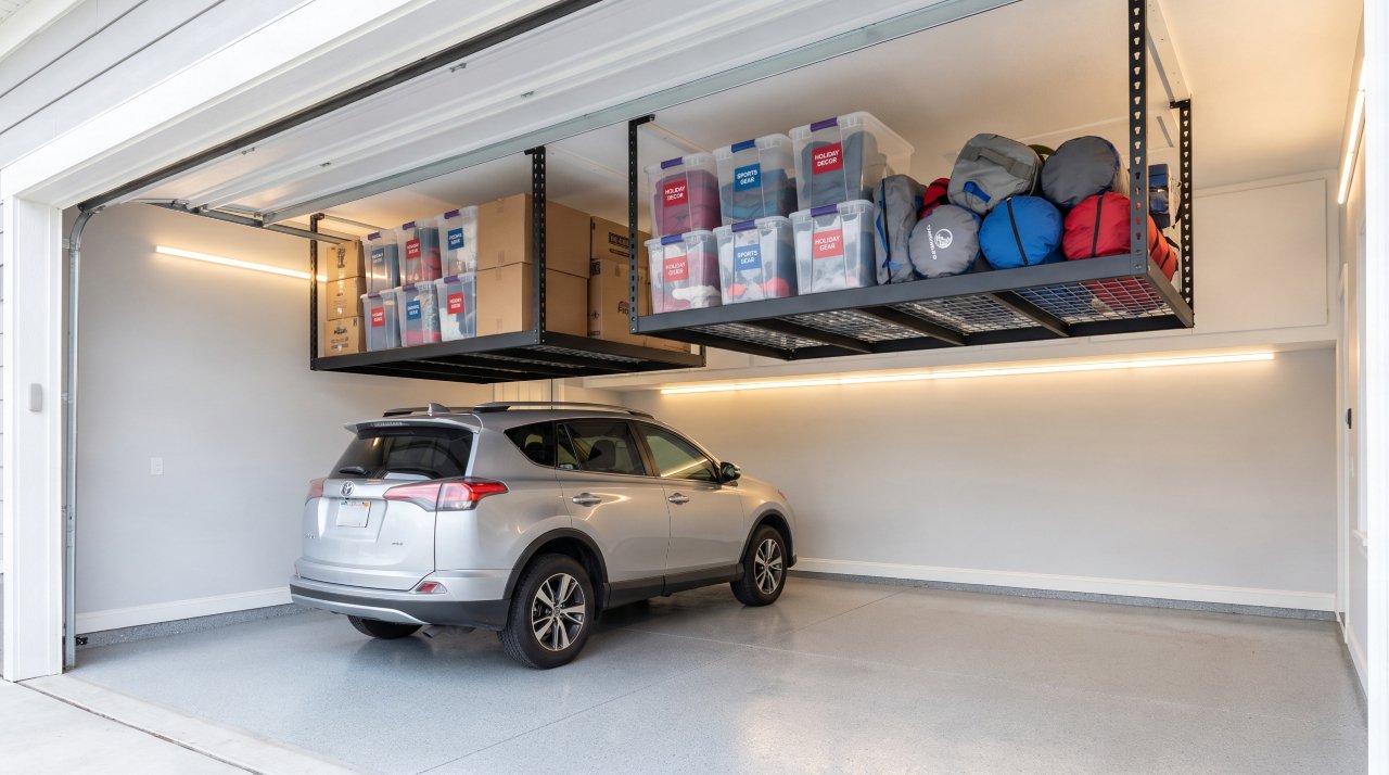Overhead racks garage storage systems installed in a clean organized two-car garage