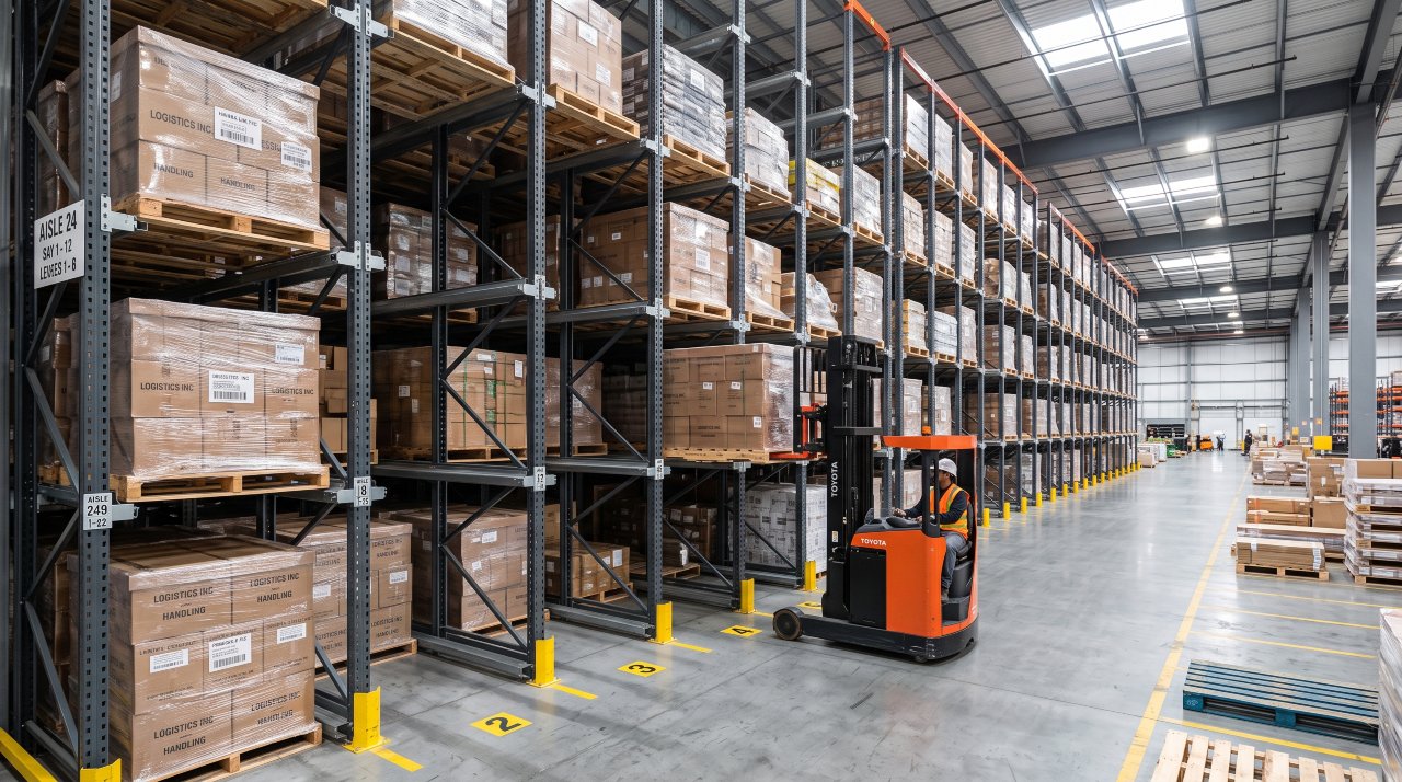 Drive-in pallet racking bays showing continuous steel storage rails.