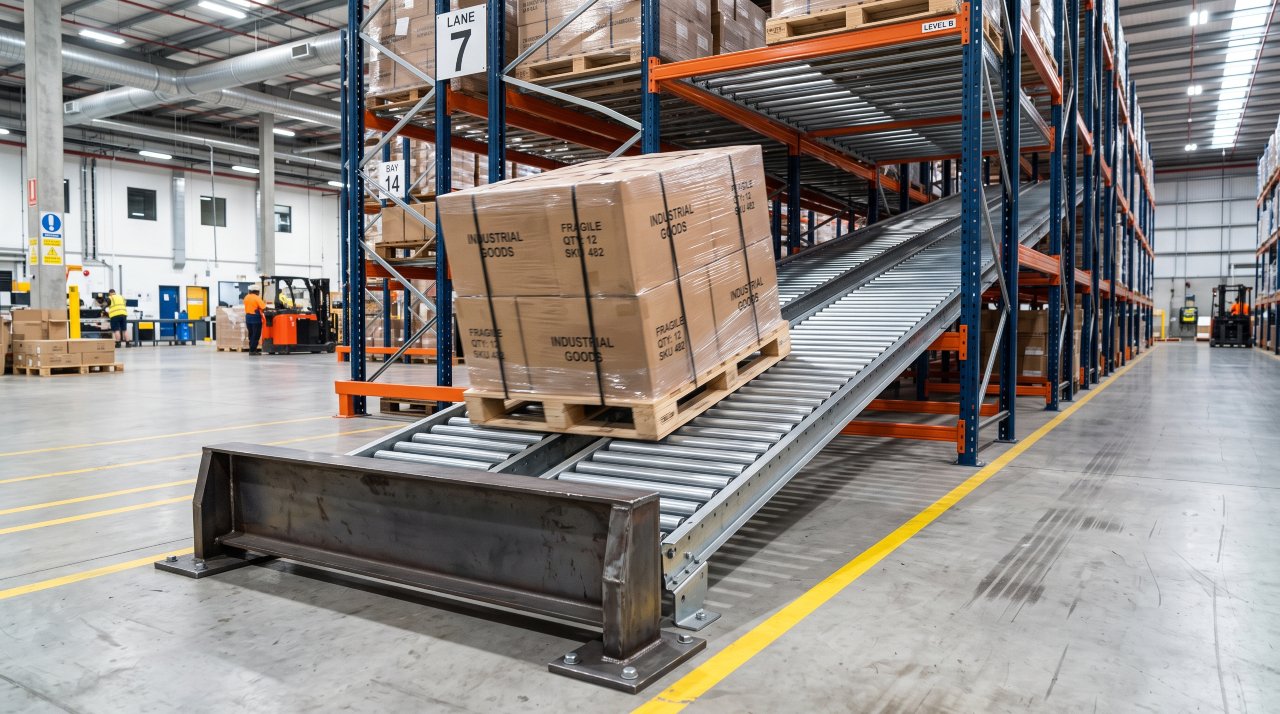 Gravity pallet flow racking lanes with metal rollers and a ramp stop.