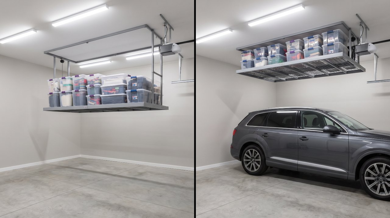Comparison of a lowering ceiling storage rack platform at waist level versus fully raised to the ceiling