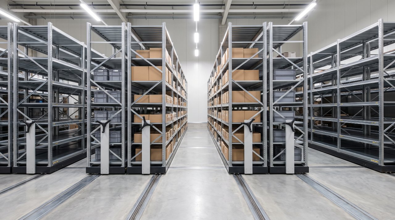 Mobile racking storage system with compacted rows and one open working aisle on a warehouse floor