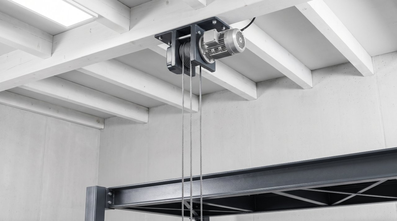 Motorized overhead garage storage lift motor mounted to ceiling joists with steel cables