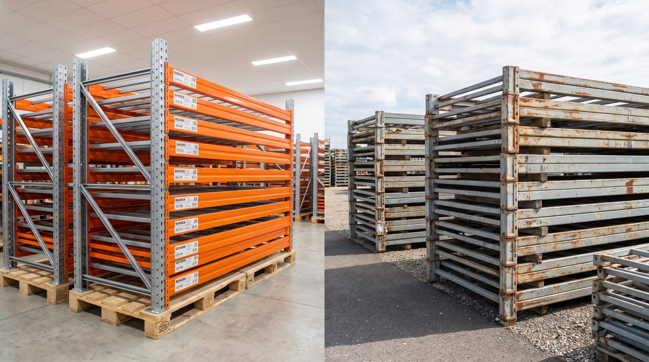 New pallet rack components on the left versus used warehouse racking supplies on the right
