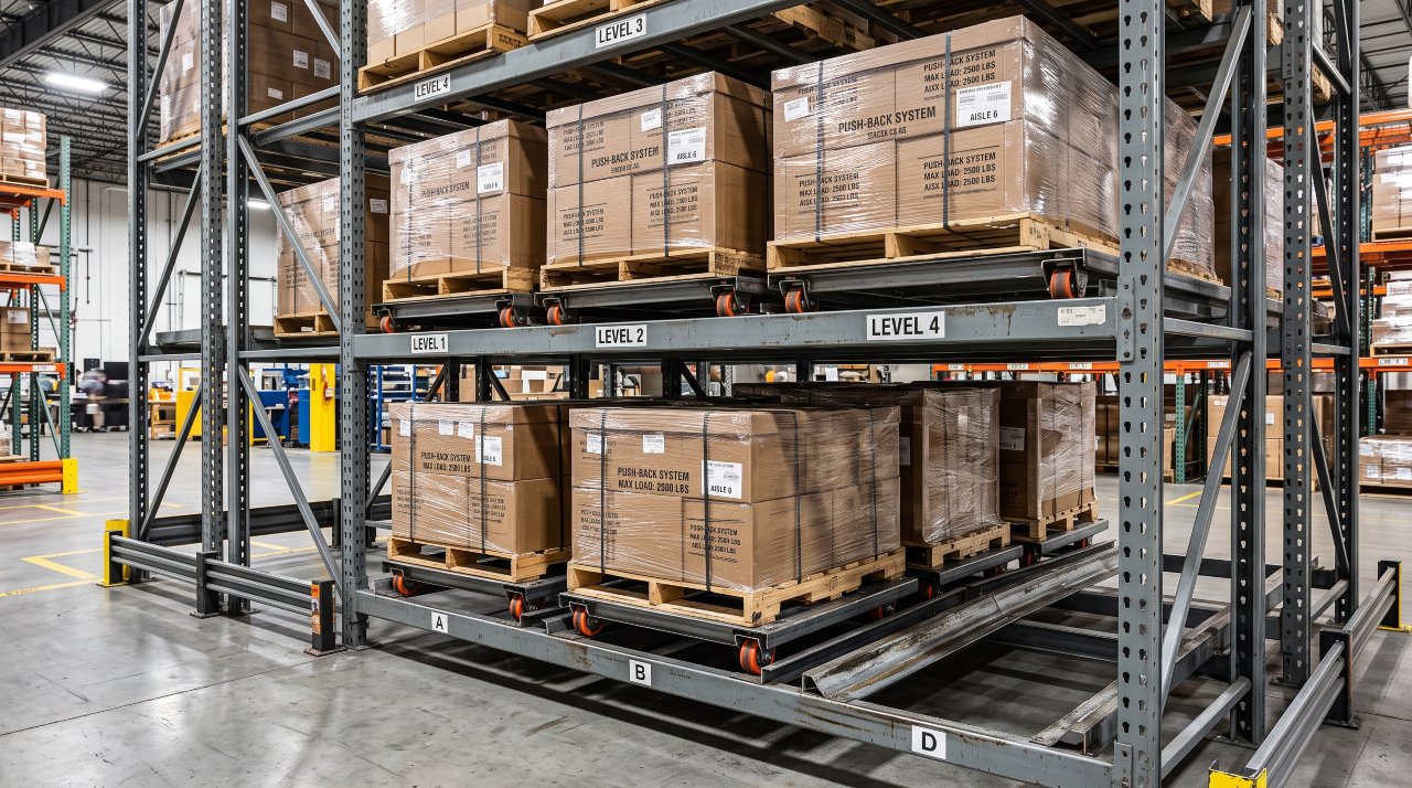 Push-back pallet racking carts nested on sloped steel gravity rails - Heavy Duty Pallet Shelving