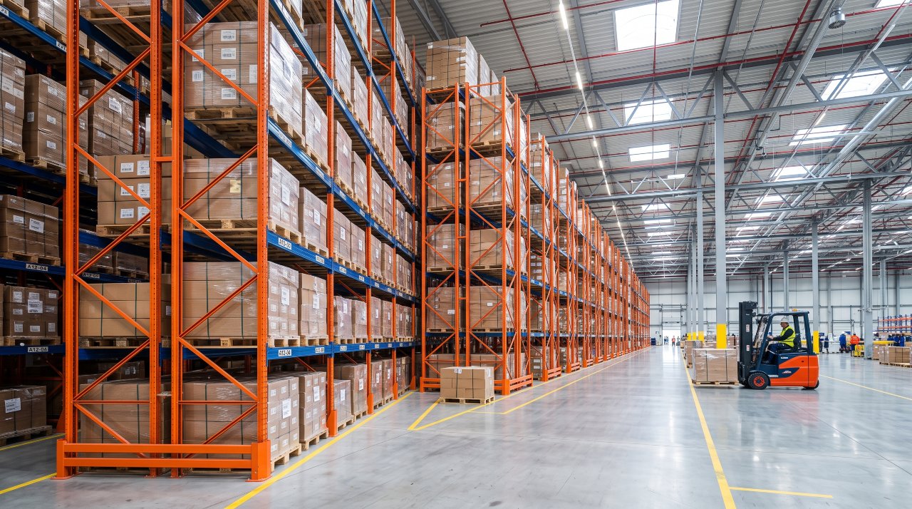 Selective pallet racking bays holding standard pallets in a warehouse corridor.