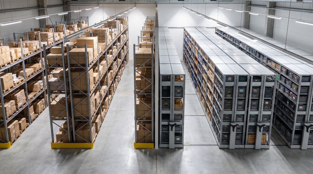 Warehouse layout showing static shelving zone with open aisles next to a compact mobile racking zone
