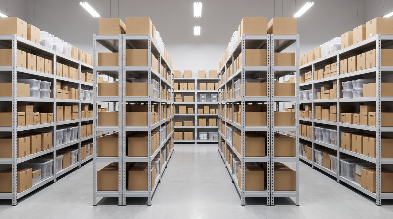 Static steel shelving units with fixed open aisles in an organised industrial warehouse storage room