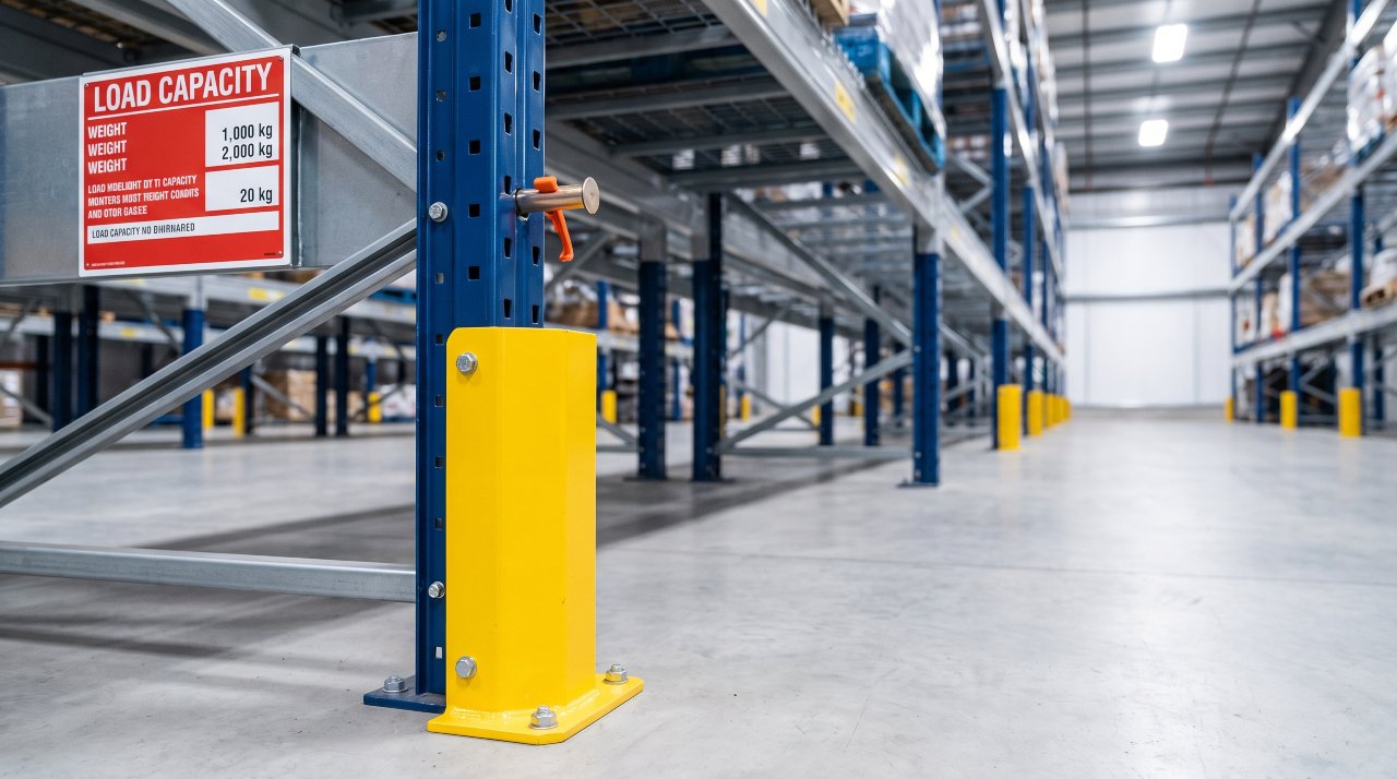 Warehouse racking safety accessories — column protector, safety pin on beam connector, and load capacity placard