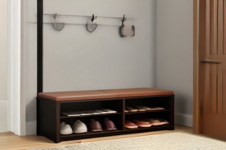 Entryway shoe rack bench with padded seat and lower storage shelf